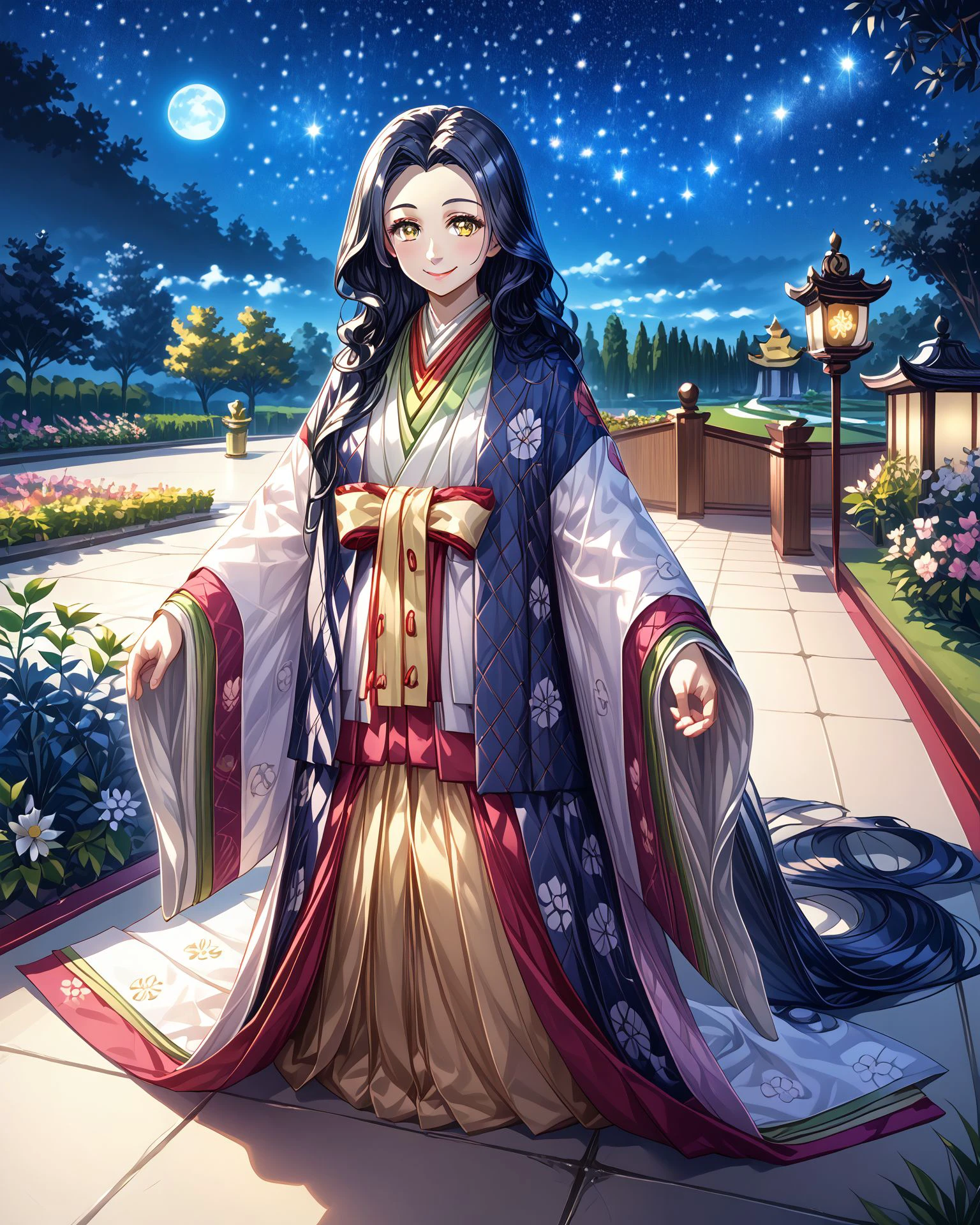 1girl, juunihitoe, wearing juunihitoe, black hair, long hair, smile, garden, nature, starry sky, night sky, milky way, gold eyes, digital art, masterpiece, absurdres, highest quality,  <lora:Juunihitoe_XL:1.2>,  <lora:Between pencils and semi-realism:1> stbedap, full body