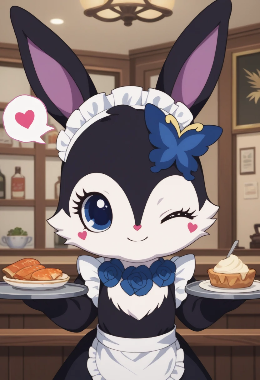 score_9, score_8_up, score_7_up, score_6_up, score_5_up, BREAK
luea, feral, solo, blue eyes, rabbit, furry, rabbit ears, black fur, purple inner ear, white chest fur, white face, chibi, body fur, (blue butterfly hair ornament), (blue rose necklace), 1girl, looking at viewer, cafe, maid outfit, maid headdress, tray, one eye closed, smile, happy, spoken heart