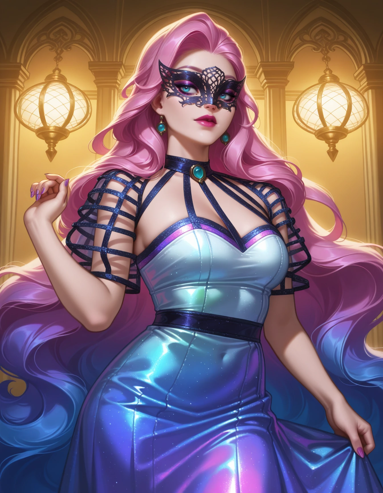 seraphine \(league of legends\),  1girl, solo,dr3ss,  mature female, iridescent dress, mesh puffy short sleeves, masquerade mask,  eyeliner, cowboy shot, <lora:YenWitcherTV-ILXL2024-12-15_20-20-27-save-384-48-0:0.9> , ornate hall,