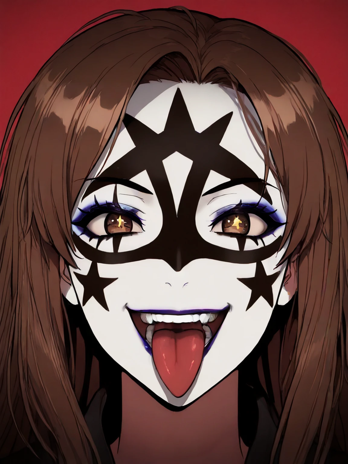 masterpiece, best quality,vector art,
cowboy shot,looking at viewer,1girl,solo,smile,
edgK1ZZ,  looking at viewer, open mouth,  brown eyes,  teeth, tongue, tongue out,  portrait, wearing black edgK1ZZ_(facepaint, makeup, star facial marks),
 <lora:edgIWMFLYILS:0.85>