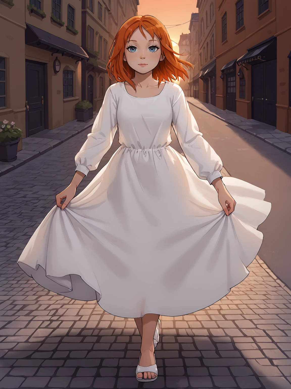 <lora:Muppastpny:0.95> muppastpny, white gown, orange hair, petite
morning, cobblestone street