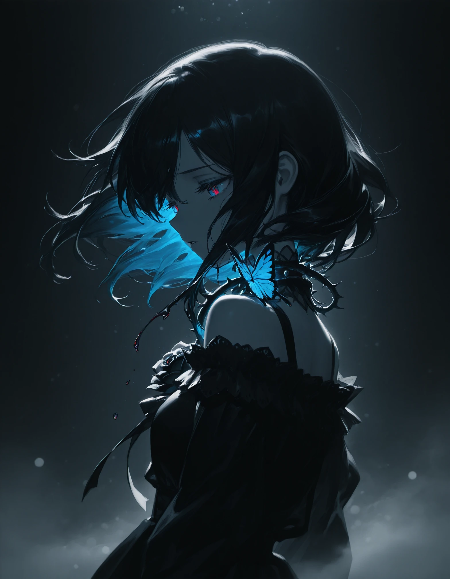 masterpiece, best quality, good quality,
1girl, solo, monochrome, spot color, blue and black theme, dark, upper body, side face, sad, parted lips, floating hair, black dress, bare shoulder, gothic, black rose, thistles and thorns, flora, (black and thick liquid:1.331), fog, blue butterfly, underlighting, bokeh, blurry background, strong visual impact, film lighting, from side
