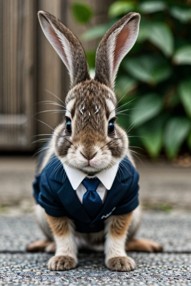 A charming photo of a small bunny. He is wearing a suit. masterpiece, ultra-quality, hyperrealistic, RAW photo, highly detailed, 4k, medium shot, cinematic photography, natural texture, action shot, XF IQ4, 150MP, 50mm, ISO 1000, 1/250s, natural light