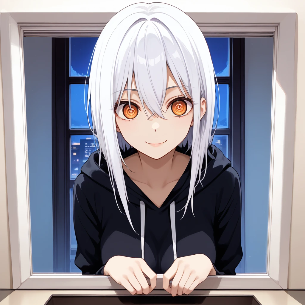 score_9, score_8_up, score_7_up, anime_source, best quality, masterpiece, 1girl, solo focus, solo, uncensored, Expressiveh, 

yanderec, dark orange eyes, white hair, medium hair, bangs, hair between eyes, slender, petite,

black hoodie,

crooked smile, closed window, looking through window, dutch angle,

detailed eyes, crazy eyes,

detailed background, living room, night time, creepy,

