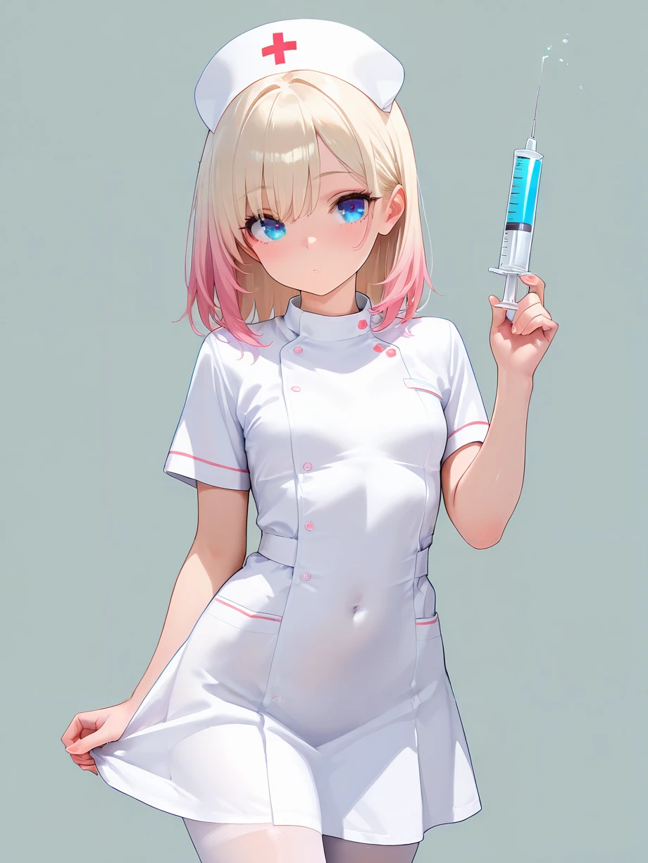 masterpiece,amazing quality,best quality,ultra-detailed,8K,illustration,CG,shiny hair,clear skin,ultra-detailed-eyes,simple background,cute girl, eyelashes <lora:nurse_illustrious_V1.0:0.7> nurse, short sleeves, dress, nurse cap,white pantyhose,holding huge syringe