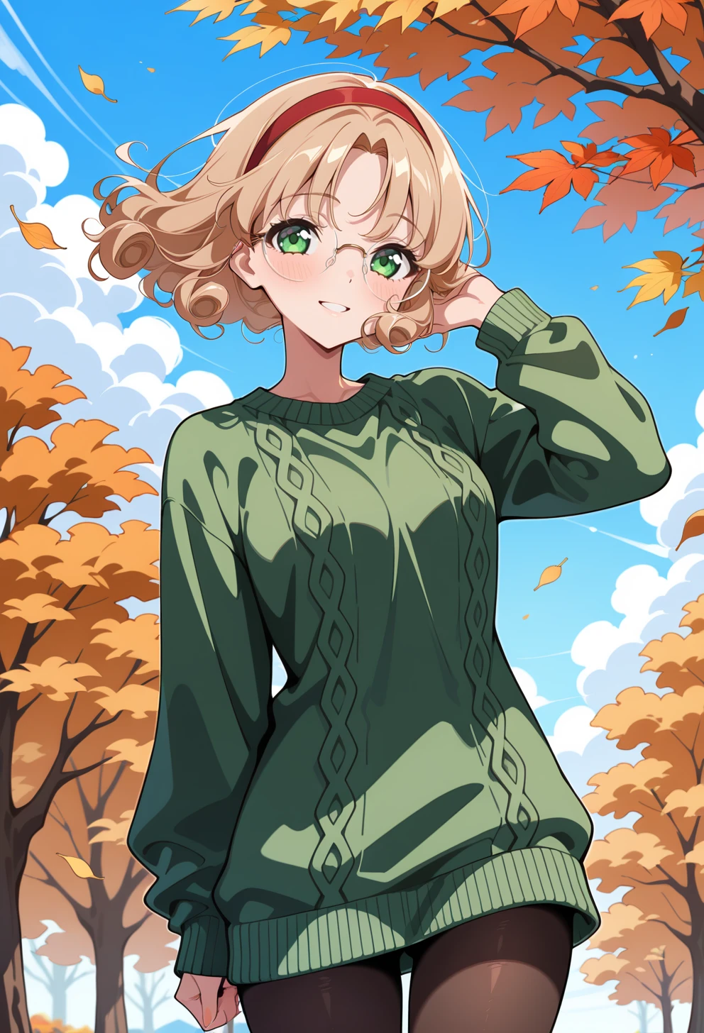 masterpiece, best quality, high quality, anime, solo, <lora:AEFuuillx:1>
AEFuuDef, green eyes, curly hair, light brown hair, parted bangs, short hair, glasses, rimless eyewear, round eyewear, red hairband, 
green sweater, floating hair, wind, falling leaves, hand in own hair, smile, pantyhose, cable knit sweater, green sweater, oversized sweater, autumn,