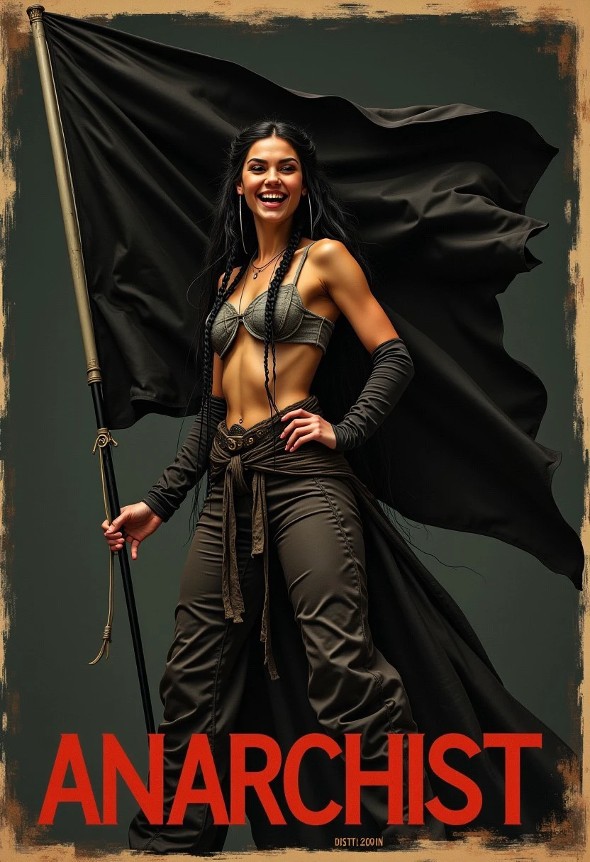 portrait of a female anarchist on a progaganda poster with cyberpunk elements. long dark hair, braided. art. she is happy and laughing and waving a big black flag in front of a dark background