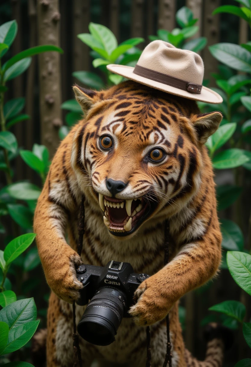 5tuff3d 4n1m4l A tiger exploring a jungle with a camera and a safari hat.