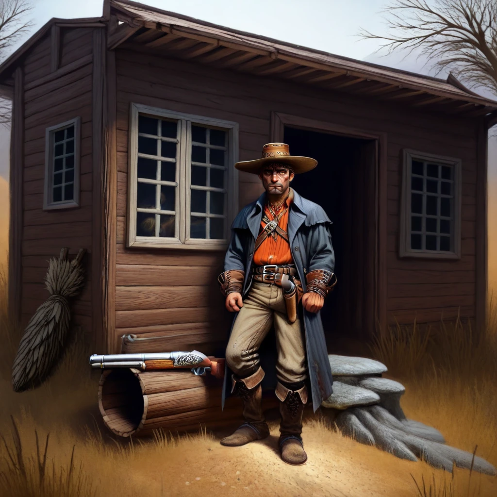 Dreamscape <lora:Wild_West_Wild_Frontier_Outlaws-Illustrious:1> ovtlawz,dark fantasy, ultra realistic painting, Anglo-American male outlaw leans against a weathered hitching post in the center of a one-street frontier town. His faded duster coat is caked with dust, and his broad-brimmed hat is tipped low over his rugged face. He holds a double-barrel shotgun casually, the barrel resting against his boot. A leather holster, worn from years of use, hangs from his belt. Behind him, townsfolk peek nervously from windows as tumbleweeds roll by. The camera is positioned at eye level, capturing the gritty tension. The lighting is harsh midday sun, creating stark contrasts and deep shadows on the wooden storefronts. . Surreal, ethereal, dreamy, mysterious, fantasy, highly detailed
