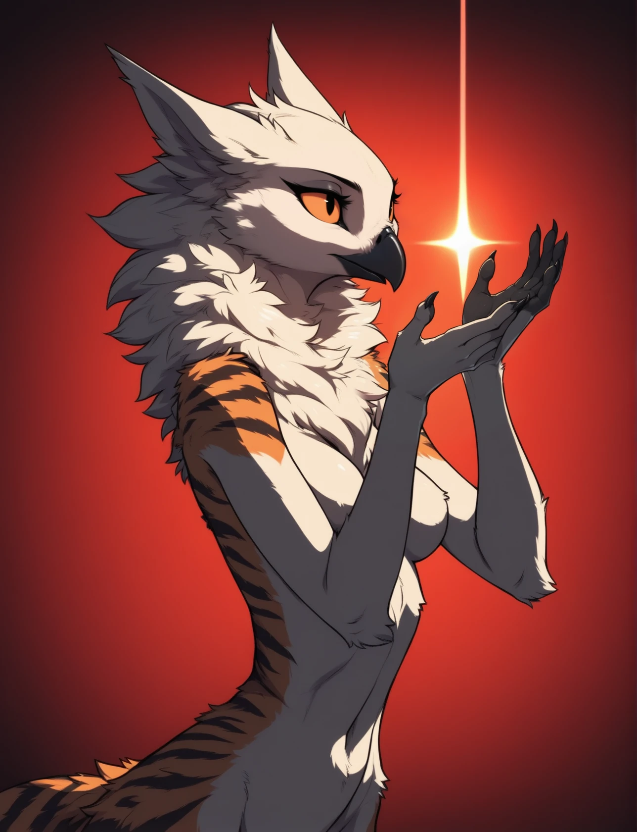 masterpiece, best quality, epic,
female velari, tan body, stripes, neck tuft, fluffy, slim, orange sclera, medium breasts, detailed fur, hands raised up, beam of light, black and red background, cel shading