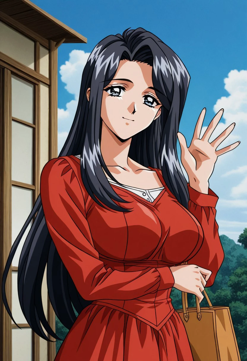 masterpiece, best quality, newest, highres, uncensored, 1girl, yokota mamoru style,1girl,
Nami Koihime OVA, long hair, black hair, forehead,blue eyes, large breasts, 1990s (style)
1girl, solo, long hair, day, dress, red dress, sky, bag, outdoors, long sleeves, waving, black hair, smile, cloud