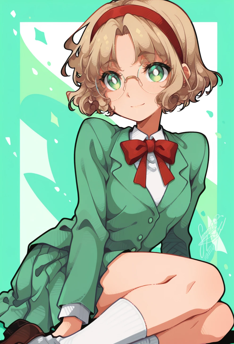 masterpiece, best quality, high quality, anime, solo, <lora:AEFuuillx:1>
AEFuuDef, green eyes, curly hair, light brown hair, parted bangs, short hair, glasses, rimless eyewear, round eyewear, red hairband, 
 school uniform, green jacket, blazer, long sleeves, collared shirt, white shirt, red bowtie, green skirt, miniskirt, pleated skirt, white socks, kneehighs, brown footwear, loafers, <lora:AESTYLES:1.35> white pupils, simple background, green background, light smile, green rectangle, sitting, legs together,