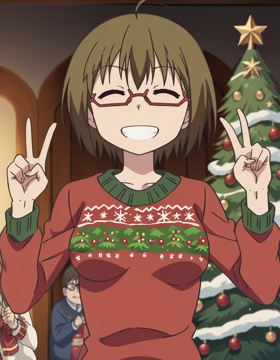 score_9, score_8_up, score_7_up, source_anime, <lora:noriko-yamada-s1-ponyxl-lora-nochekaiser:1>, noriko yamada, short hair, brown hair, brown eyes, ahoge, glasses, semi-rimless eyewear, red-framed eyewear, medium breasts, anime screencap, <lora:christmas-sweater-ponyxl-lora-nochekaiser:1>, christmas sweater, christmas, ugly sweater, print sweater, red sweater, christmas tree, christmas ornaments, sweater, multicolored sweater, , v, smile, hands up, teeth, closed eyes, cowboy shot,, , dutch angle, cowboy shot