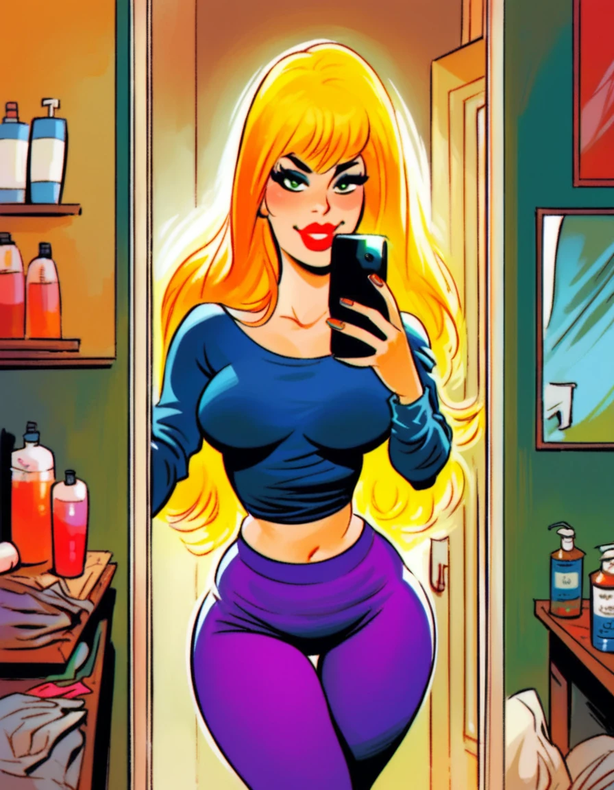 score_9, score_8_up, score_7_up, score_6_up, score_5_up, score_4_up, source_cartoon, (bamforth_cartoon:1.3),

1girl, solo, blonde hair, long hair, mature woman, dark green eyes, bangs, wide hips, thick thighs, skinny, medium breasts, black yoga pants, (holding cellphone:0.9), mirror, selfie, pov, bathroom, medicine cabinet, red lips,

indoors, natural lighting