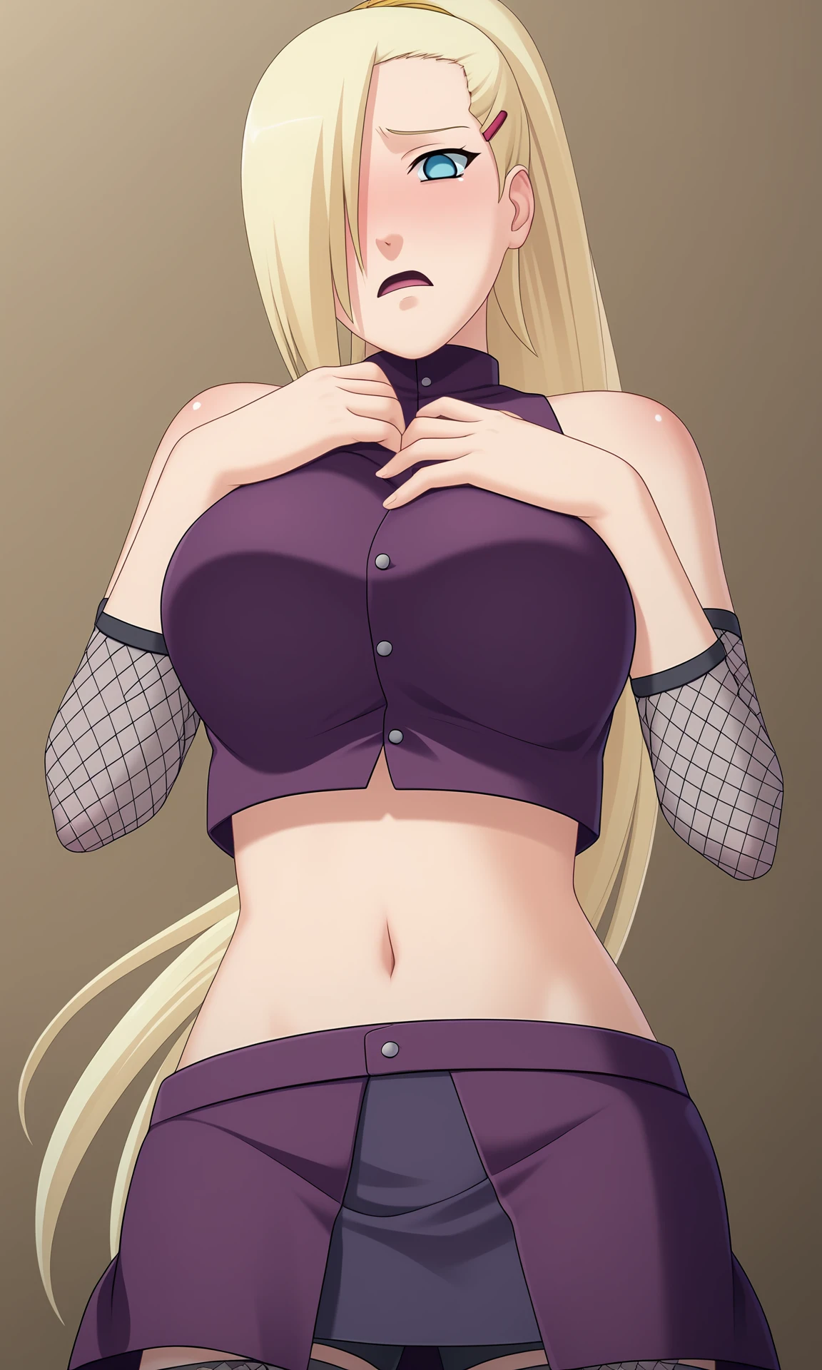 game cg,
large breasts,  hand on own chest,
from below, pov, 
yamanaka1n0, 1girl, solo, looking at viewer, blue eyes, no pupils,
long hair, hair over one eye, hairclip, blonde hair, high ponytail,
crop top, bare shoulders, elbow fishnets,midriff, navel,
purple skirt, knee fishnets,
full face blush, half closed eyes, shy, frown, open mouth,
simple background, glowing, shadow,
<lora:Naruto_InoYamanaka_PXL-000018:1>