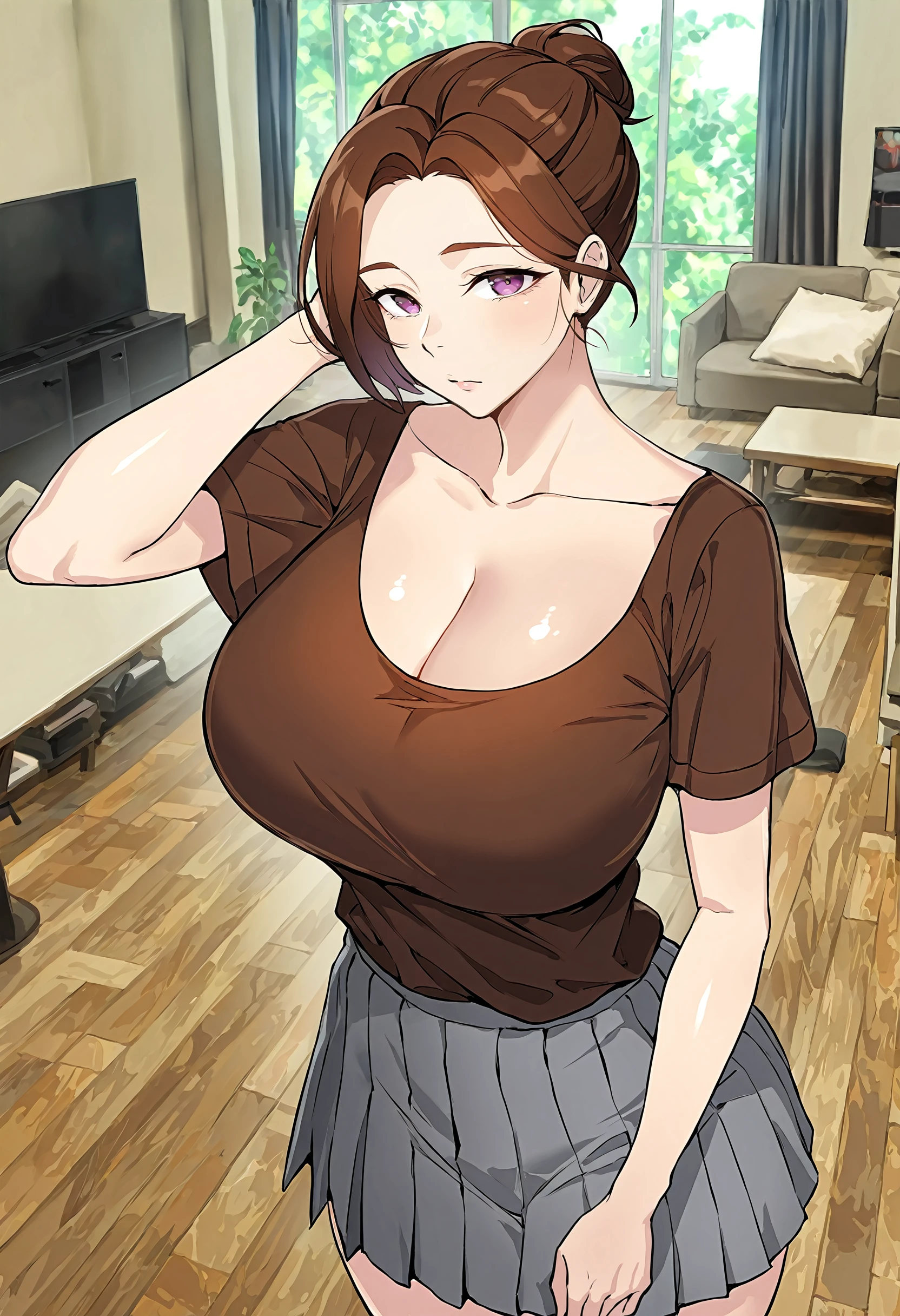 masterpiece, best quality, amazing quality, very aesthetic, absurdres, newest, scenery, 1girl, (solo:1.1), huge breasts,<lora:Jung Eun-ea illustxl:0.9>brown hair, mature female, purple eyes, short hair, single hair bun, (thick eyebrows:0.7), brown shirt, cleavage, collarbone, short sleeves, pleated skirt, grey skirt, miniskirt, upper body, standing, living room, inside, looking at viewer, shiny skin, masterpiece, best quality, amazing quality, very aesthetic, absurdres, newest, scenery