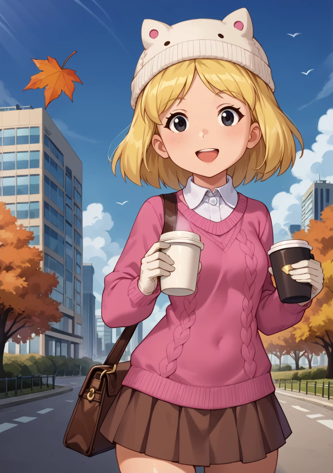 score_9, score_8_up, score_7_up, BREAK, masterpiece, highres, emilyelizabeth, blonde hair, short hair, smile, thighs, black eyes, long sleeves, white skin, pale skin, white collar, brown knit hat, cardigan sweater, pink sweater, brown purse, white gloves, puffy gloves, brown skirt, city, skyscraper, holding coffee, bookstore, maple leaves, open mouth, smile, swirling, looking at viewer, blue sky, park, autumn <lora:Emily_Elizabeth:1>