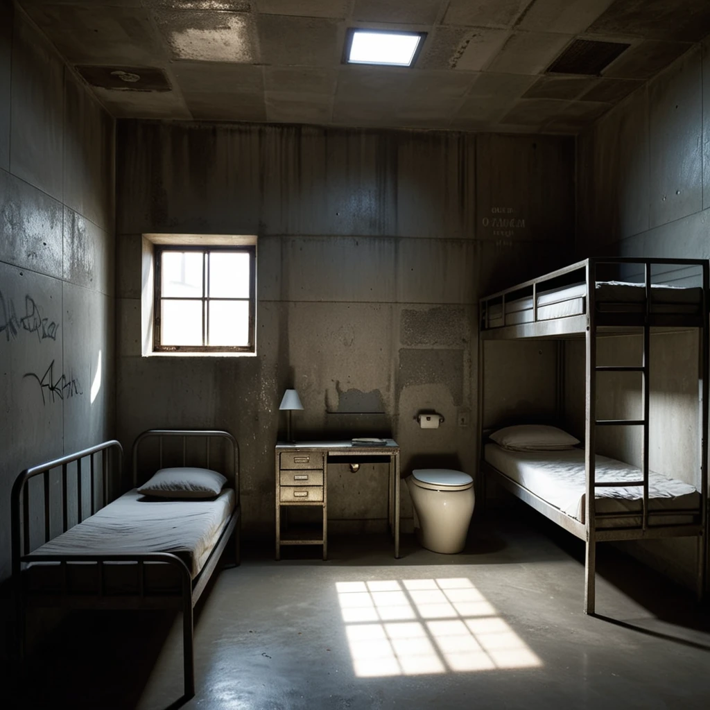 A dimly lit prison cell with cold, gray concrete walls, a small barred window letting in a faint beam of light, and a bunk bed with a steel frame and thin, worn mattresses stacked one above the other. A simple steel toilet is positioned in the corner, and a scratched wooden desk sits nearby. The atmosphere feels oppressive and isolated, with shadows casting stark contrasts on the walls. The floor is cracked and uneven, and faint graffiti etched into the walls hints at the stories of previous occupants. The room exudes a sense of confinement and solitude.