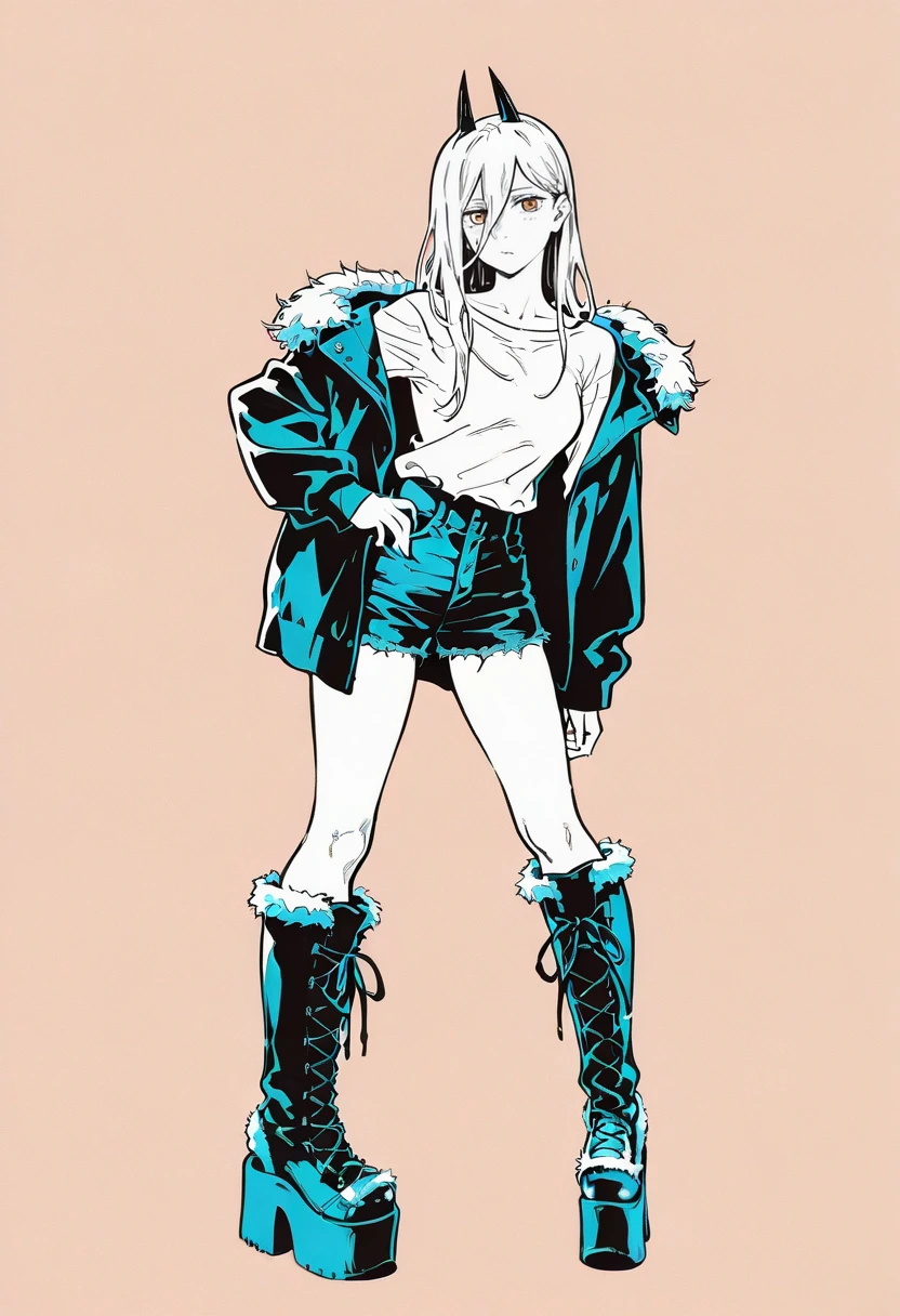 DCC boots, platform boots, fur trim,1girl,solo,ikeda ruriko,power (chainsaw man),