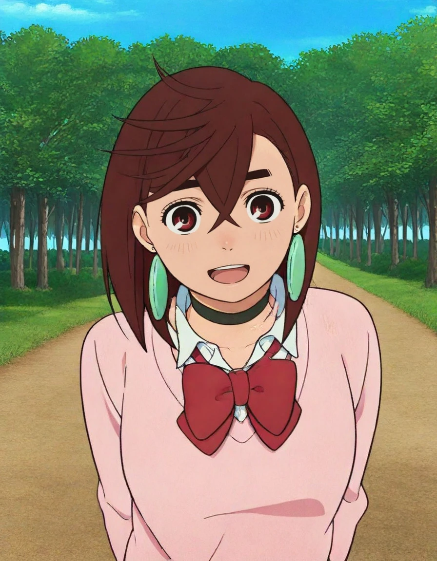 masterpiece, best quality, momo-ayase, female school uniform, pink sweater, red bow, black choker, teal earrings, AND (dirt path:1.2) setting, forest background, (full body|cowboy shot|upper body shot), eyes open  <lora:momo-locon-300:1.2>