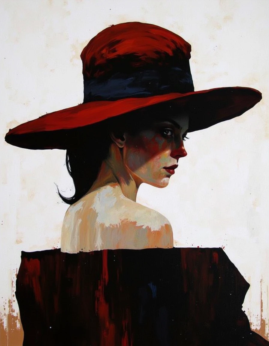 A modern oil painting with a surreal, whimsical abstract style of Bruce Holwerda that features a side profile of a person in a dramatic, almost cinematic style. The subject is a woman with fair skin, wearing a broad-brimmed hat with a dark band that casts a shadow over her face. The hat is a prominent feature, adding a sense of mystery and intrigue to the composition. The woman's face is partially obscured by the hat, with only her eyes and a small portion of her nose visible, giving her a contemplative, almost melancholic expression. Her hair is styled in a sleek, modern fashion, blending seamlessly with the dark tones of the hat.
The background is a simple, textured white canvas, which contrasts starkly with the dark, rich hues of the woman's attire and the hat. The painting employs a combination of bold, expressive brushstrokes and subtle blending techniques, creating a dynamic interplay of light and shadow. The colors are predominantly dark, with shades of red, black, and brown dominating the scene, while the woman's skin is painted with soft, muted tones of beige and white, highlighting her delicate features. The overall effect is both striking and moody, evoking a sense of solitude and introspection. <lora:Bruce_Holwerda:0.85>