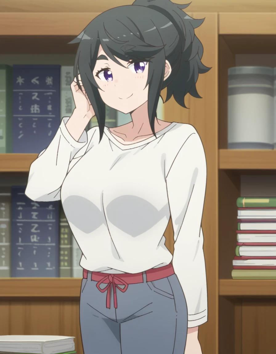 score_9, score_8_up, score_7_up, source_anime, <lora:yatsuho-nishiki-s1-ponyxl-lora-nochekaiser:1>, yatsuho nishiki, black hair, purple eyes, ponytail, large breasts, anime screencap, shirt, long sleeves, white shirt, pants, grey pants, bookstore, browsing shelves, new book smell, finding a favorite, quiet atmosphere, smile, <lora:tucking-hair-ponyxl-lora-nochekaiser:1>, tucking hair, adjusting hair, hand on own hair, hair behind ear,, looking at viewer, solo,, dutch angle, cowboy shot