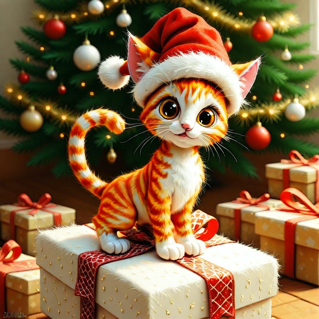 The festive scene depicts an adorable fiery red tabby cat wearing a Santa hat with white pom-poms on top. The kitten's sleek, athletic body is decorated with noticeable stripes, mostly red with hints of pink. It stands on a plush white surface that resembles a gift box, with a red-white-gold checkered ribbon at the base. In the background is a beautifully decorated