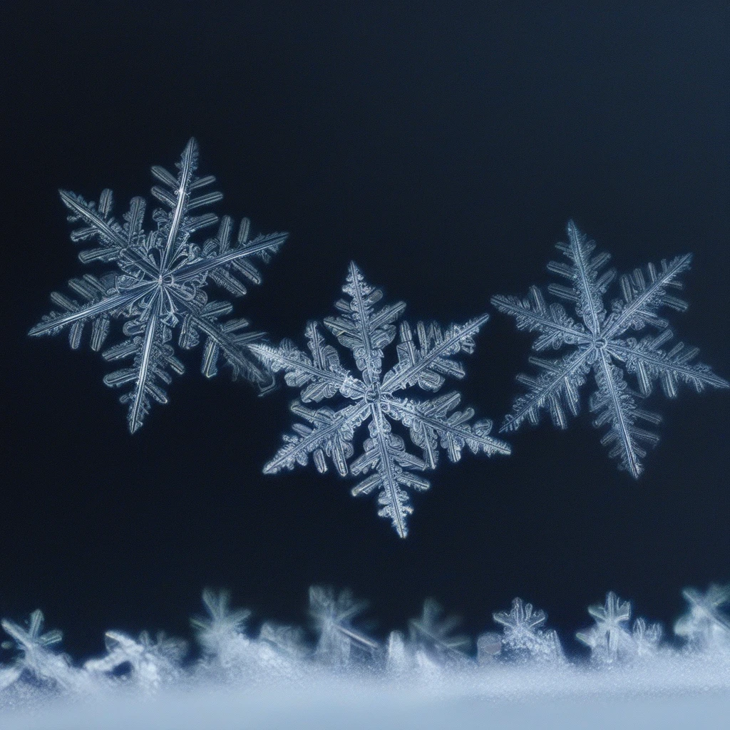 Closeup of multiple falling snowflakes, each identical