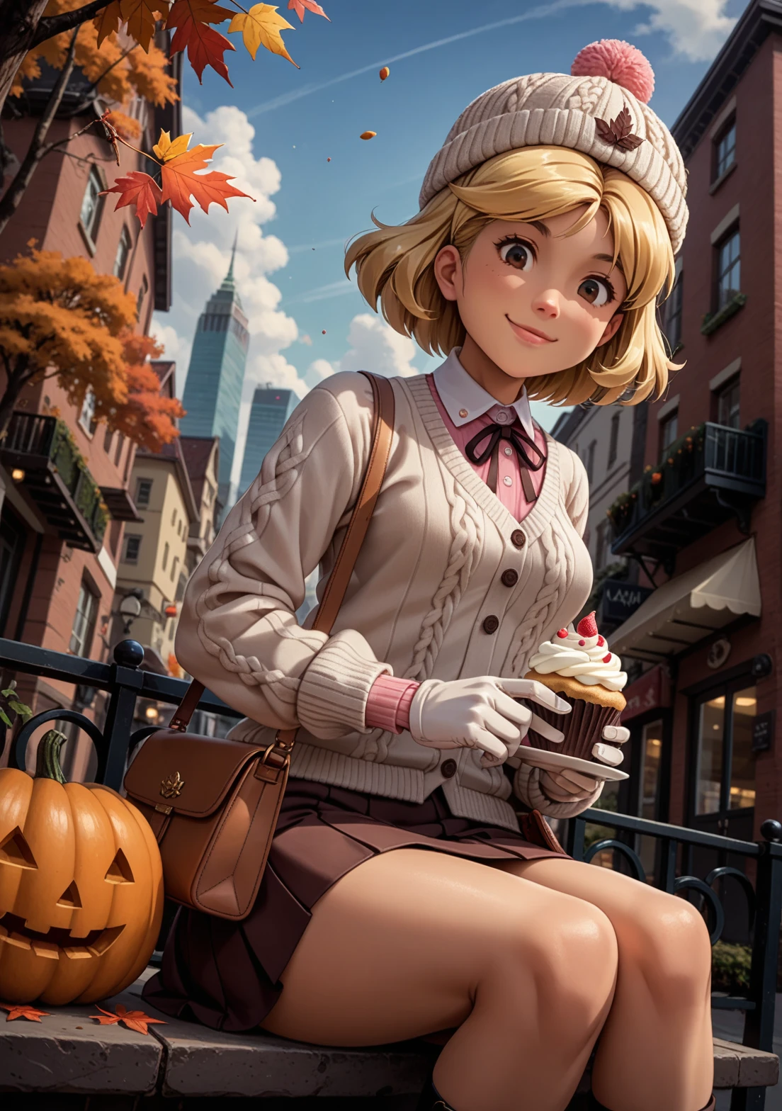 score_9, score_8_up, score_7_up, BREAK, masterpiece, highres, emilyelizabeth, blonde hair, short hair, smile, thighs, hips, black eyes, long sleeves, white skin, pale skin, white collar, brown knit hat, cardigan sweater, white sweater, pink undershirt, brown purse, white gloves, puffy gloves, coffee, brown skirt, maple leaves, autumn, sitting, inside, cake shop, cake, cupcakes, city, skyscraper, lamppost, smile, looking down, close up, from below, pumpkins, bottom pov <lora:Emily_Elizabeth:1>