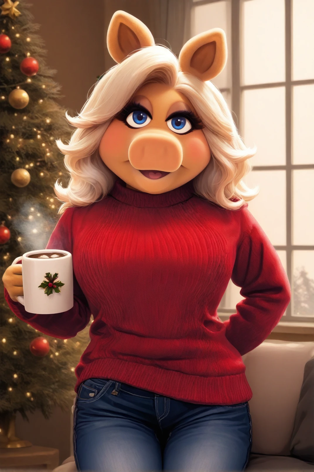 1girl, solo, miss piggy, furry, upper body, 
sweater, jeans, holding mug, hot cocoa, christmas tree, arm behind back, window, sitting, looking at viewer, blush, winter
<lora:Miss_Piggy_IL-000010:1>, masterpiece, best quality, newest, absurdres, highres