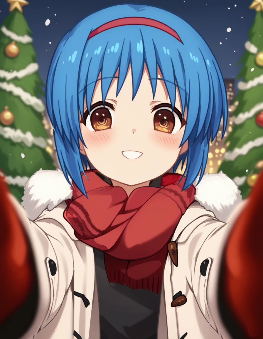 score_9, score_8_up, score_7_up, source_anime, <lora:mio-nishizono-s2-ponyxl-lora-nochekaiser:1>, mio nishizono, short hair, brown eyes, blue hair, hairband, anime screencap, <lora:pov-cheek-warming-ponyxl-lora-nochekaiser:1>, pov cheek warming, pov cheek warming (meme), winter gloves, duffel coat, fur-trimmed scarf, winter clothes, red mittens, meme, winter coat, red scarf, fur-trimmed coat, reaching towards viewer, reaching, mittens, fur-trimmed hood, white coat, open coat, scarf, coat, red gloves, snowing, pov, fur trim, depth of field, smile, blush,, christmas, christmas tree, christmas lights,, , dutch angle, cowboy shot