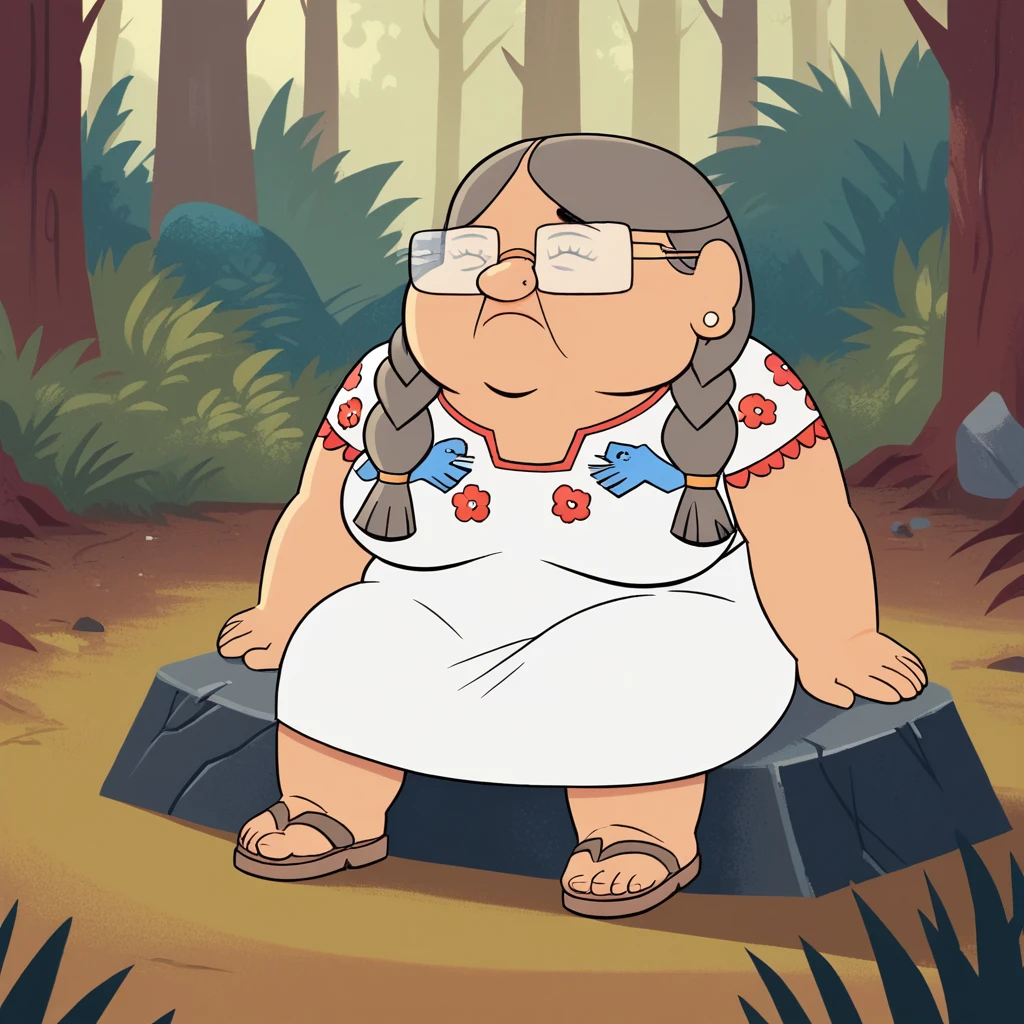 score_9_up, score_8_up, BREAK, Chata, 1girl, solo, fat, grey hair, twin braids, glasses, earrings, white dress, sandals, <lora:Chata_VictorAndValentino_PXL_Leaf1:1>, outdoors, forest, sitting on rock,