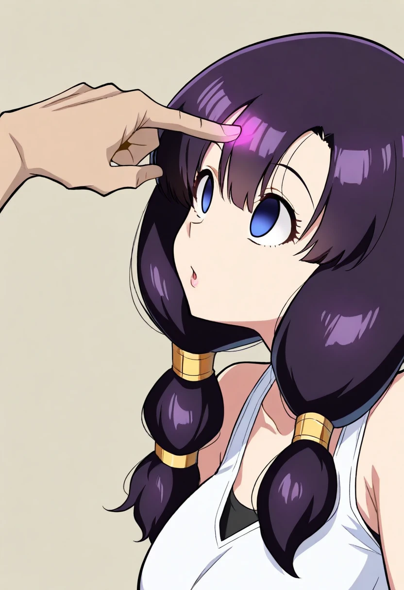 masterpiece, best quality, newest, highres, absurdres, 1girl, videl, finger_to_forehead, f1nger_f0rehead, mind_control, empty_eyes, <lora:Finger_to_forehed_-_illustrious:0.7>