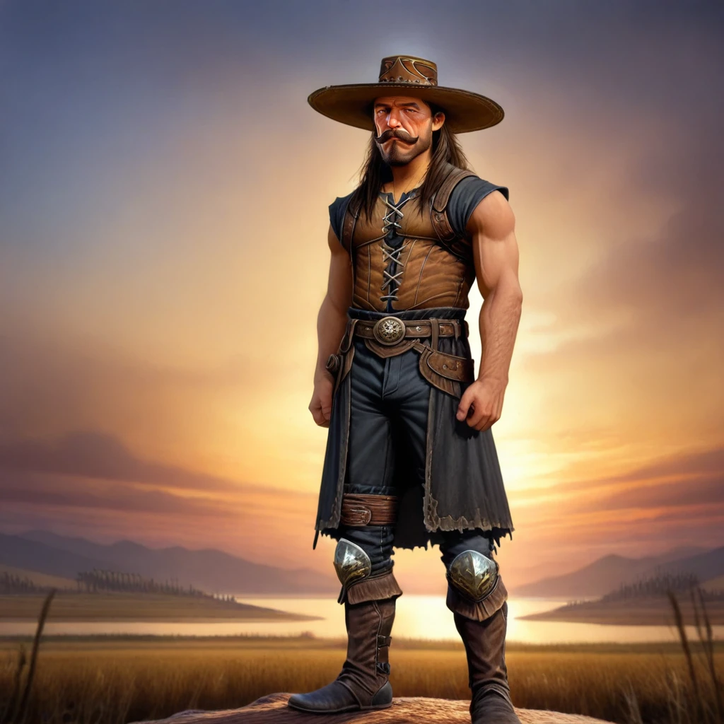 Dreamscape <lora:Wild_West_Wild_Frontier_Outlaws-Illustrious:1> ovtlawz,dark fantasy, ultra realistic painting, 1male, male outlaw on horseback, long hair, beard, mustache, dressed in a rugged leather vest, black jeans, wide-brimmed hat, and dust-covered boots, in an action pose, silhouetted against a vibrant dawn sky, rolling hills in the background, warm golden light outlining his form, cinematic, evocative and memorable, photorealistic details. . Surreal, ethereal, dreamy, mysterious, fantasy, highly detailed