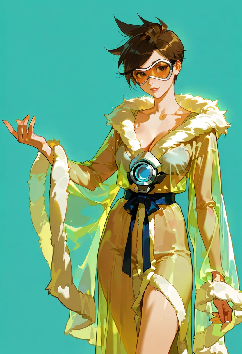 boudoir robe, see-through, fur trim,1girl,solo,tracer (overwatch),