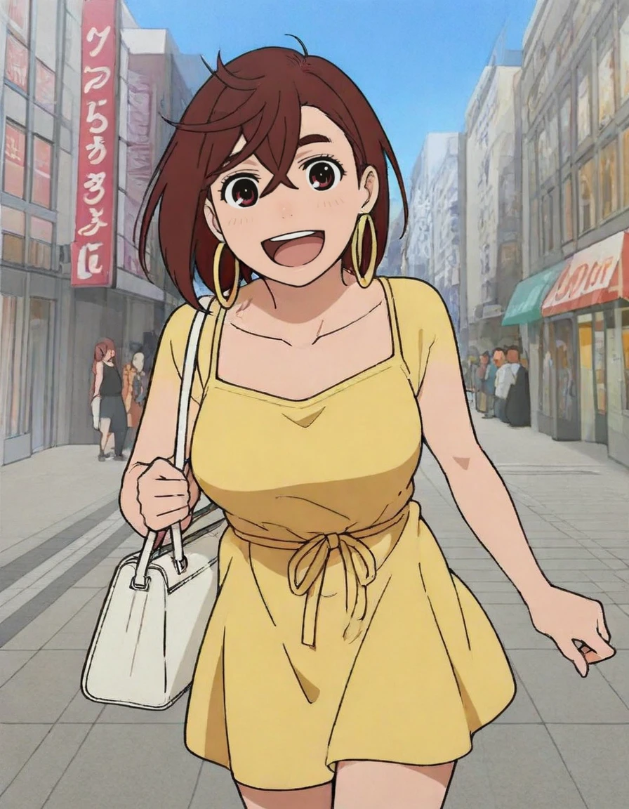 masterpiece, best quality, momo-ayase, wearing a yellow sundress, loose hair, yellow hoop earrings, walking down city sidewalk, shopping, having fun, smiling, carrying white handbag, eyes open  <lora:momo-locon-300:1.2>