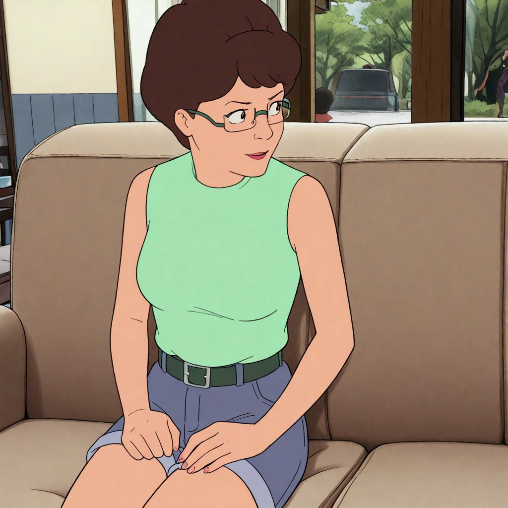 best quality, masterpiece, peggy_h, brown hair, glasses, sleeveless, shirt, shorts, belt, sitting sofa