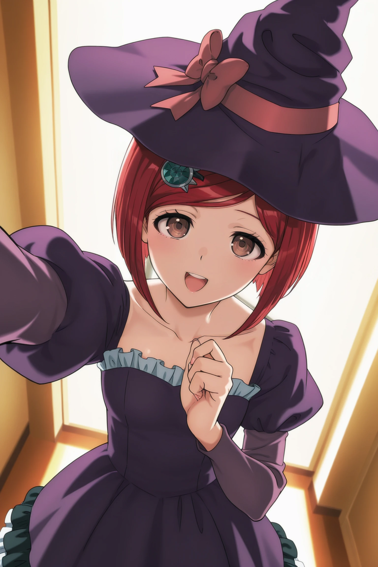 anime screencap, masterpiece, best quality, amazing quality, very aesthetic, absurdres,  newest, (scenery, volumetric lighting),
yumeno himiko, 10th anniversary, 1girl, solo, looking at viewer, short hair, open mouth, bangs, indoors, hallway, hair ornament, long sleeves, day, hat bow, brown eyes, standing, collarbone, dutch angle, :d, red hair, from above, fingernails, hairclip, shiny, shiny hair, purple headwear, witch hat, upper teeth only, purple dress, frilled dress, puffy sleeves, purple sleeves, dress bow, selfie, 
 <lora:HimikoYumeno_IL:0.8>