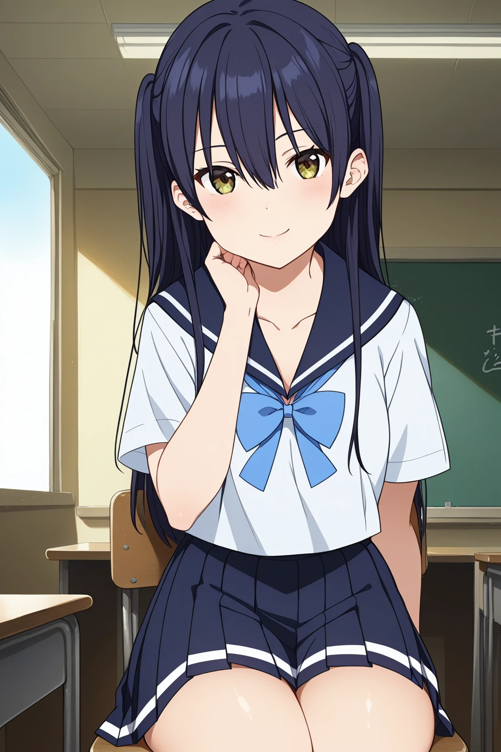 score_9,score_8_up,score_7_up,source_anime,
1girl,<lora:IchigyouRuri:0.9>,ichigyou ruri,long hair,brown eyes,black hair,hair between eyes,collarbone,two side up,small_breasts,thighs,
school uniform,serafuku,skirt,pleated skirt,sailor collar,short sleeves,bow,shirt,black skirt,white shirt,sailor collar,blue bow,bowtie,shirt_tucked_in,
indoors,classroom,window,sunlight,the scenery outside the window,blue sky,tree,chair,
blush,smile,sitting,looking_at_viewer,closed mouth,(sitting_on_chair),cowboy_shot,hand on own chin,