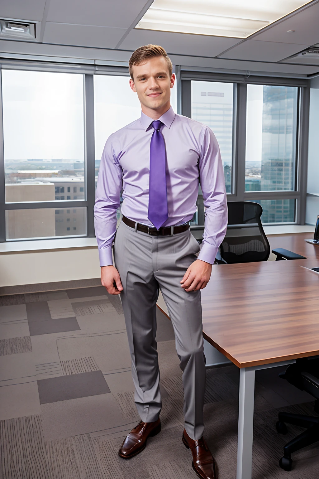 architecture firm office, expansive office, high ceiling, large windows,  standing beside model of a modern building, smiling, ScottFinn, pale purple shirt, gray tie, gray slacks, shoes, (((full body portrait))), wide angle, <lora:ScottFinn:0.8>