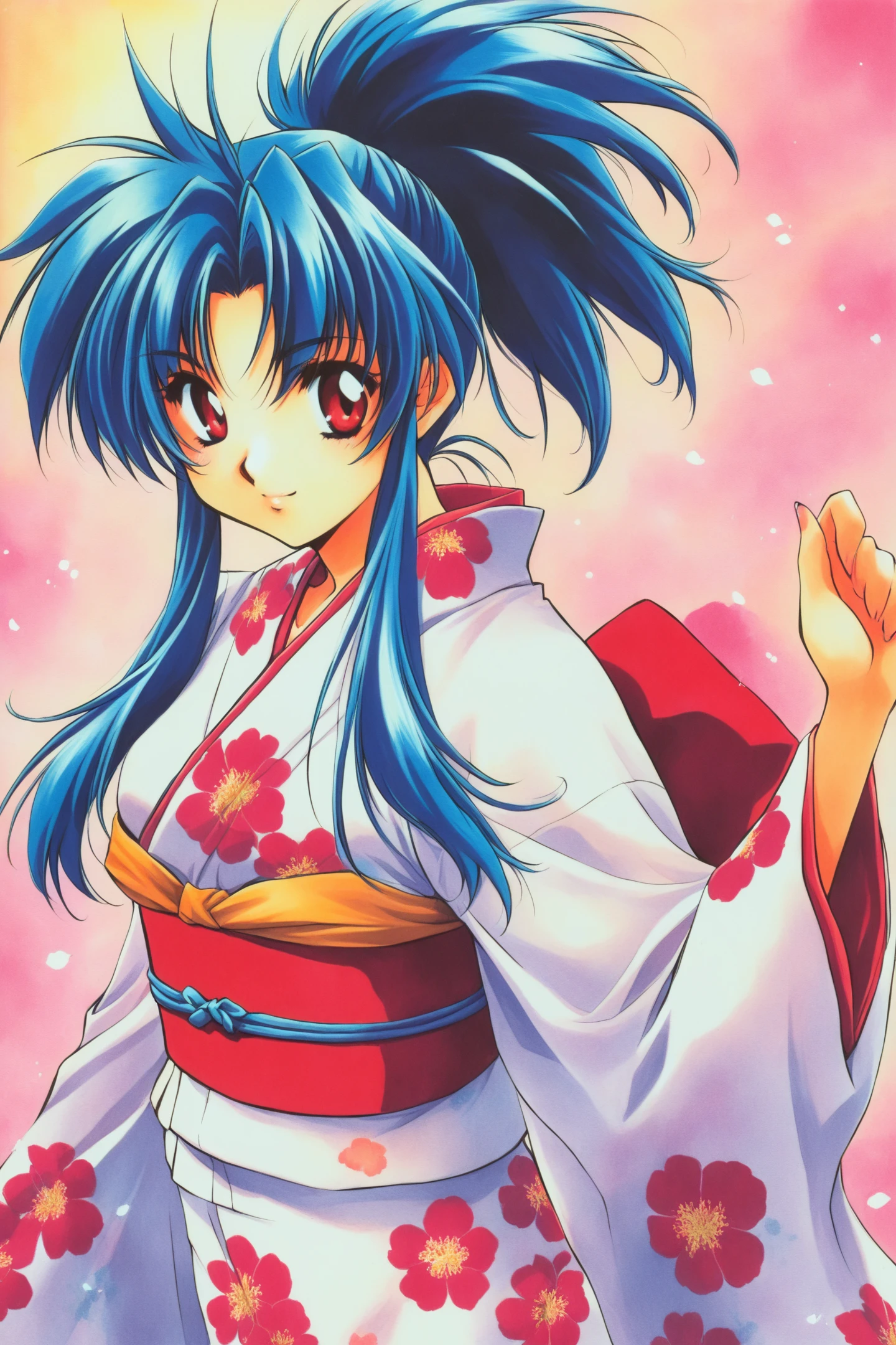 Kaname Chidori,1girl,solo,blue hair,red eyes,japanese clothes,white kimono,wide sleeves,sash,floral print,obi,standing,traditional media,looking at viewer,upper body,
<lora:Shiki Doji_illustriousXL:0.8>,