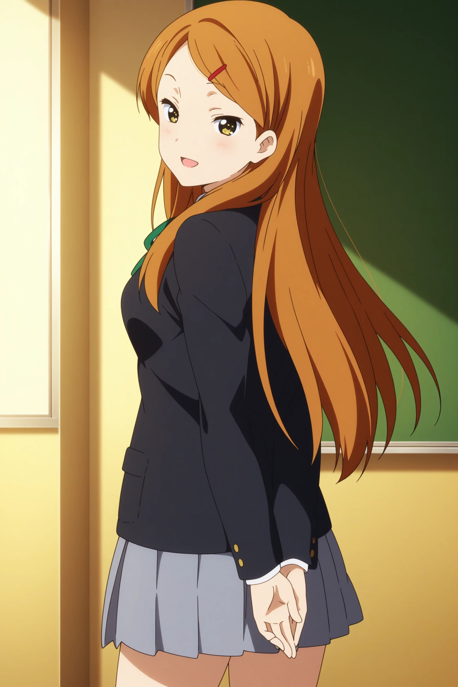 masterpiece, best quality, amazing quality, highres, absurdres, very aesthetic, high resolution, ultra detailed, perfect details, 1girl, solo, indoors, classroom, day, medium breasts, sokabe megumi, long hair, orange hair, red hairclip, yellow eyes, school uniform, black jacket, white shirt, collared shirt, green ribbon, grey skirt, pleated skirt, white kneehighs, loafers, <lora:Megumi_Sokabe_ILXL:0.8>, (cowboy shot:1.2), anime coloring, anime screencap, (pose:1.2), smile, looking at viewer, (from behind:1.2), open mouth