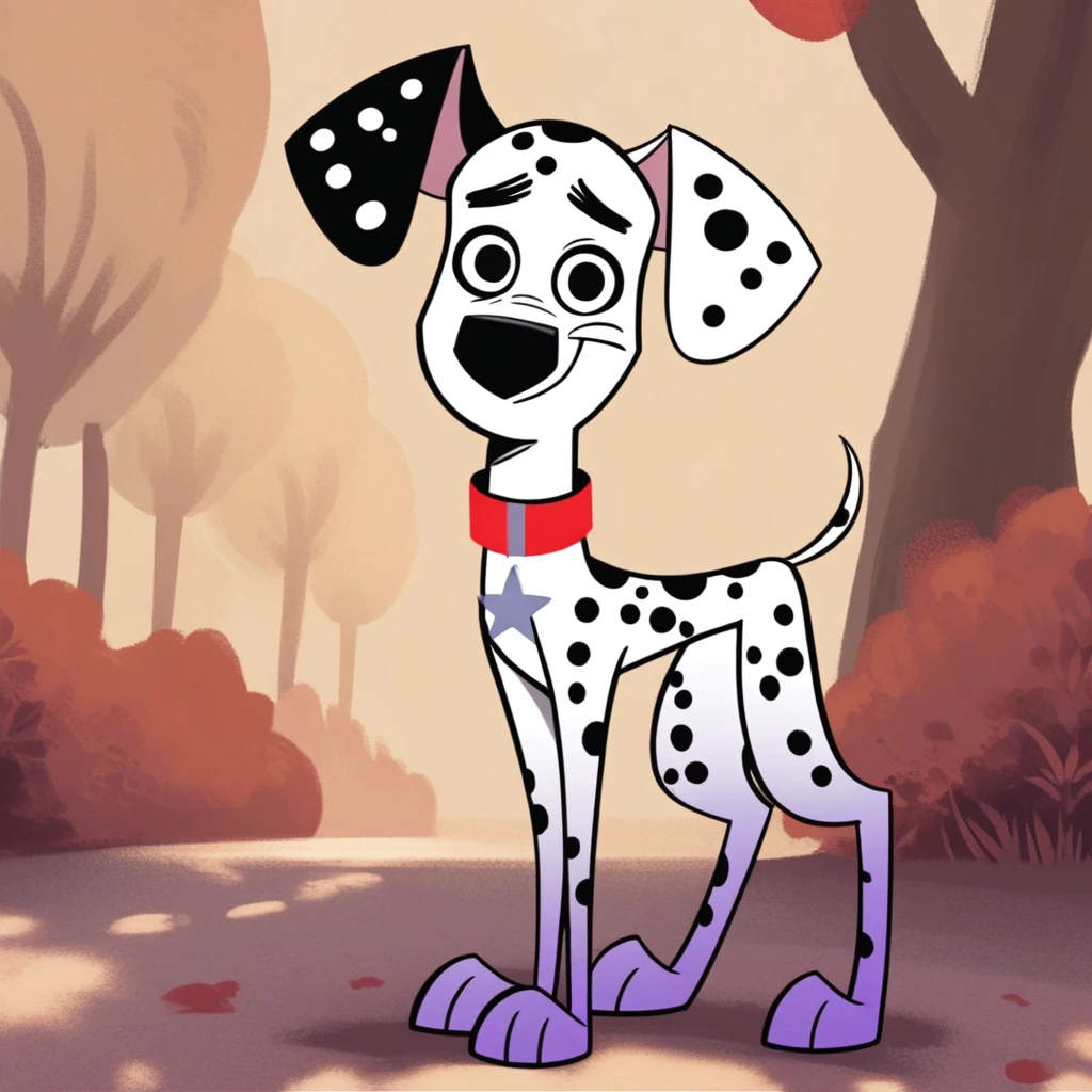 score_9, score_8_up, score_8, score_7, source_cartoon, Dylan Dalmatian, solo, 1boy, feral, dog, dog boy, Dalmatian, white and black fur, black spots, black nose, black eyes, thin tail, dog ears, red collar, star shaped tag, full body, looking at viewer, standing, smile, park background,