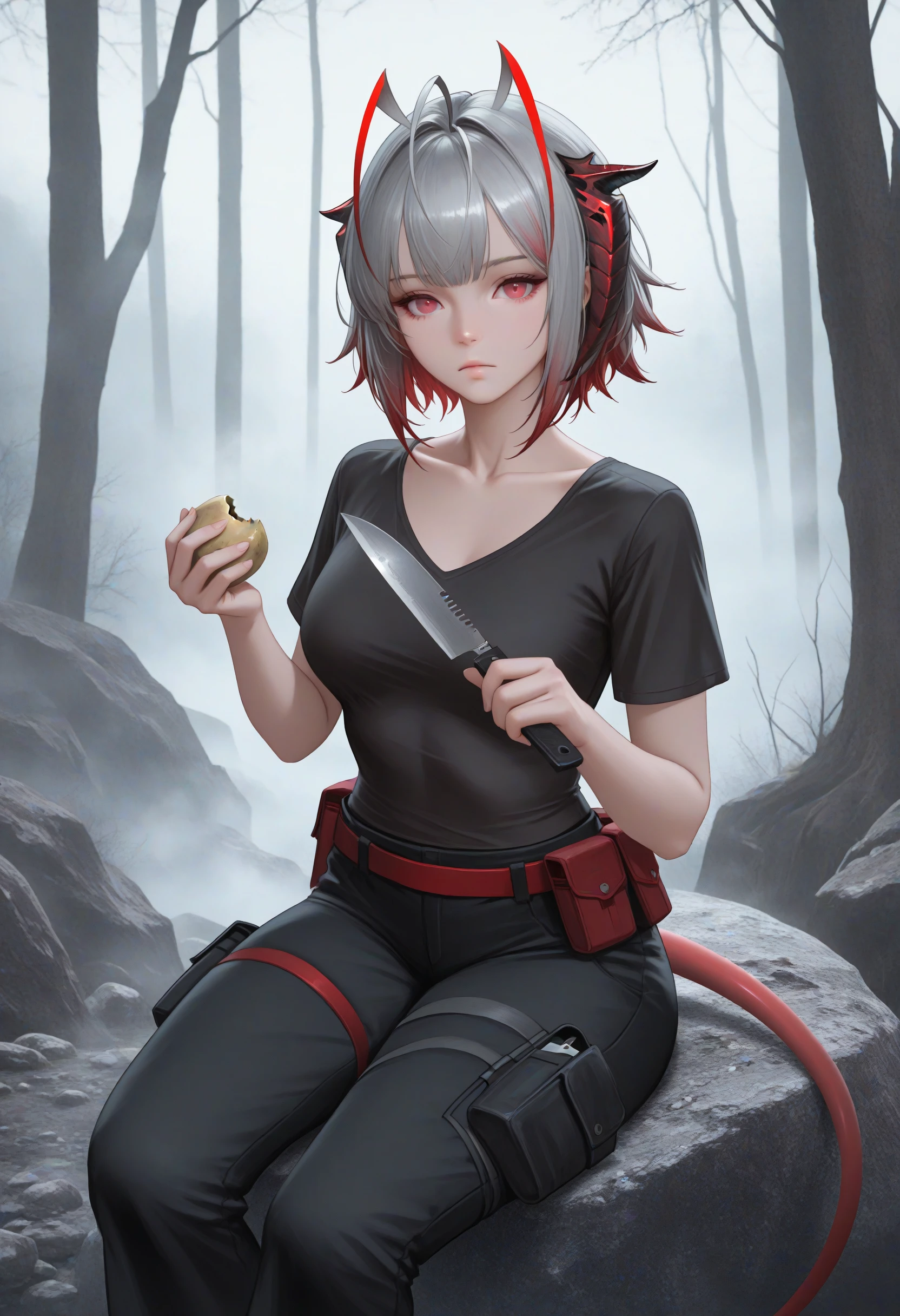 masterpiece, best quality, realistic, feet out of frame, solo, 1girl, wfugue, demon tail, expressionless, looking at viewer, sitting on rock, hands up, holding knife, combat knife, holding food, potato, short hair, multicolored hair, grey hair, red hair, ahoge, antenna hair, demon horns, red eyes, black shirt, short sleeves, black pants, red belt, belt pouch, thigh pouch, collarbone, outdoors, rock, tree, fog