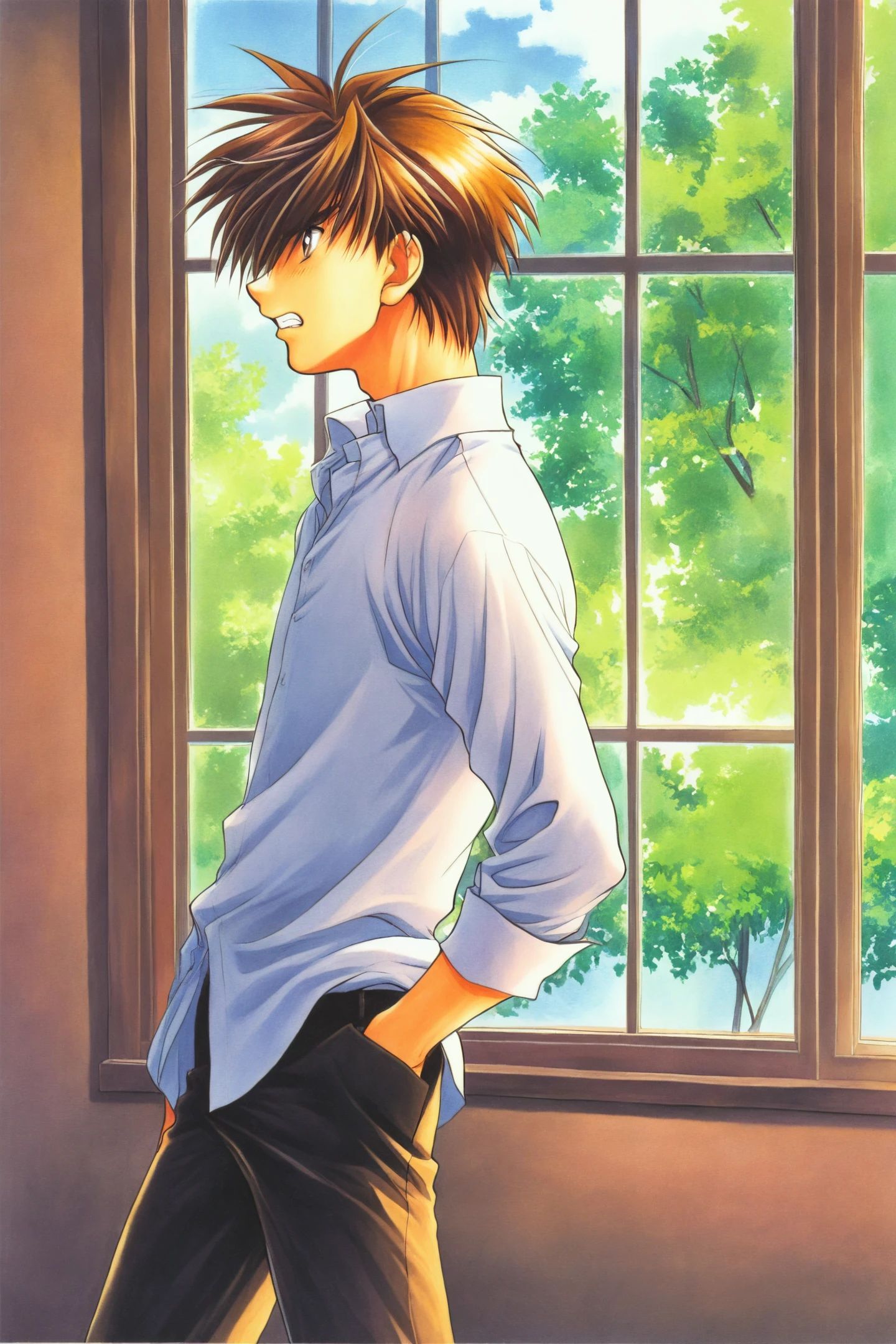 Sousuke Sagara,male focus,solo,1boy,shirt,brown hair,white shirt,pants,long sleeves,teeth,window,clenched teeth,brown eyes,hair over one eye,profile,short hair,hand in pocket,day,traditional media,
<lora:Shiki Doji_illustriousXL:0.8>,