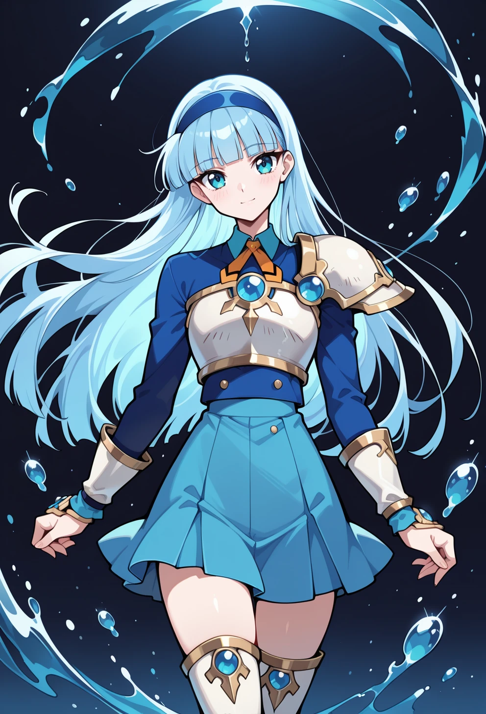 masterpiece, best quality, high quality, anime, solo, 
 <lora:AEUmiIlx:1>
standing, light smile, straight-on, head tilt, gradient background, blue background, black background, water drop, hydrokinesis, 
AEUmiKnight, blue eyes, blue hair, blunt bangs, long hair, blue hairband, white breastplate, single shoulder pad, shoulder armor, blue skirt, thigh armor, white footwear, white thigh boots, zettai ryouiki,