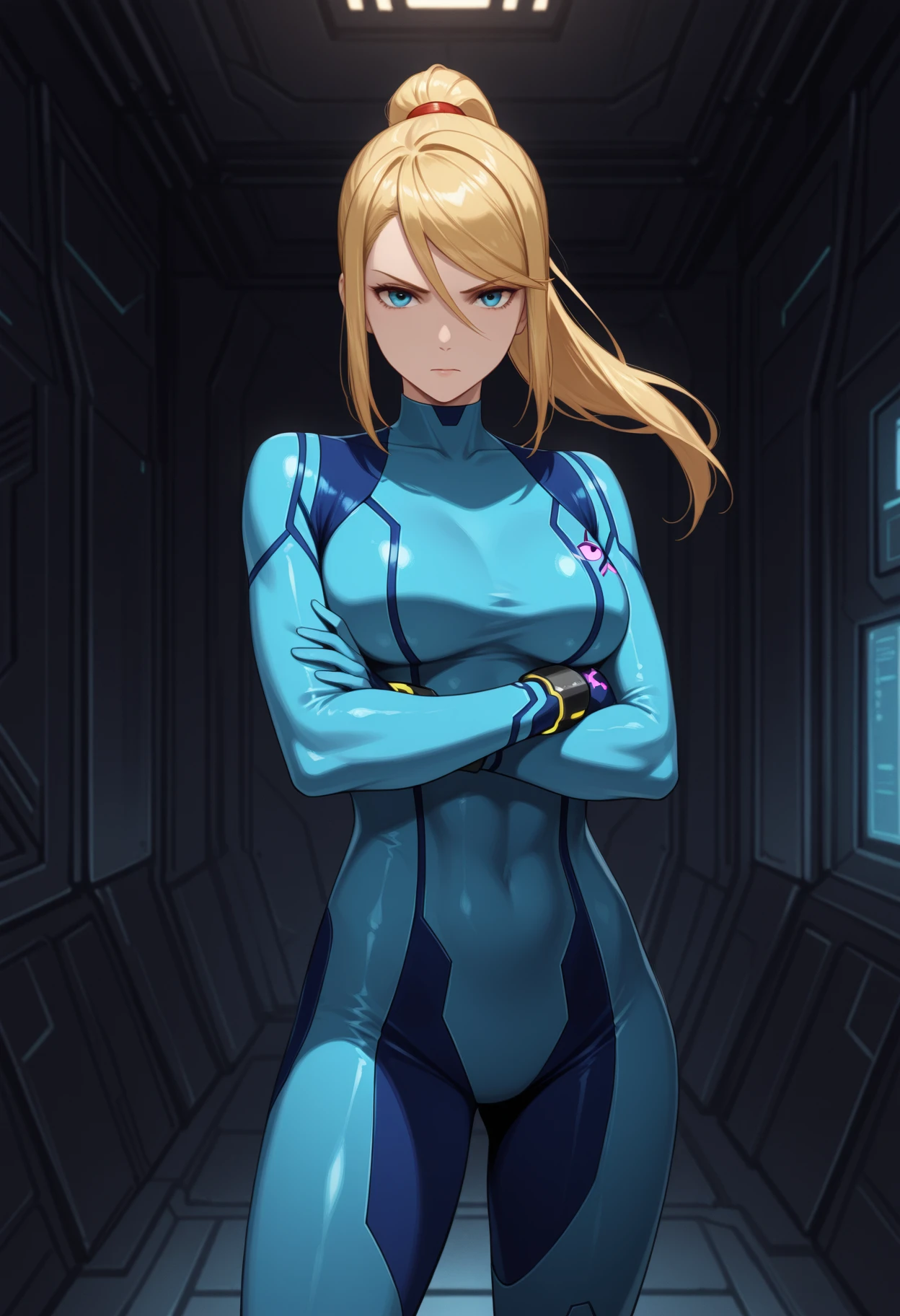 indoors, dark environment, science fiction
samus_aran, blue bodysuit, blonde hair, blue eyes, ponytail
crossed arms, looking at viewer, serious, cowboy shot, masterpiece, best quality, <lora:h-oni:1>