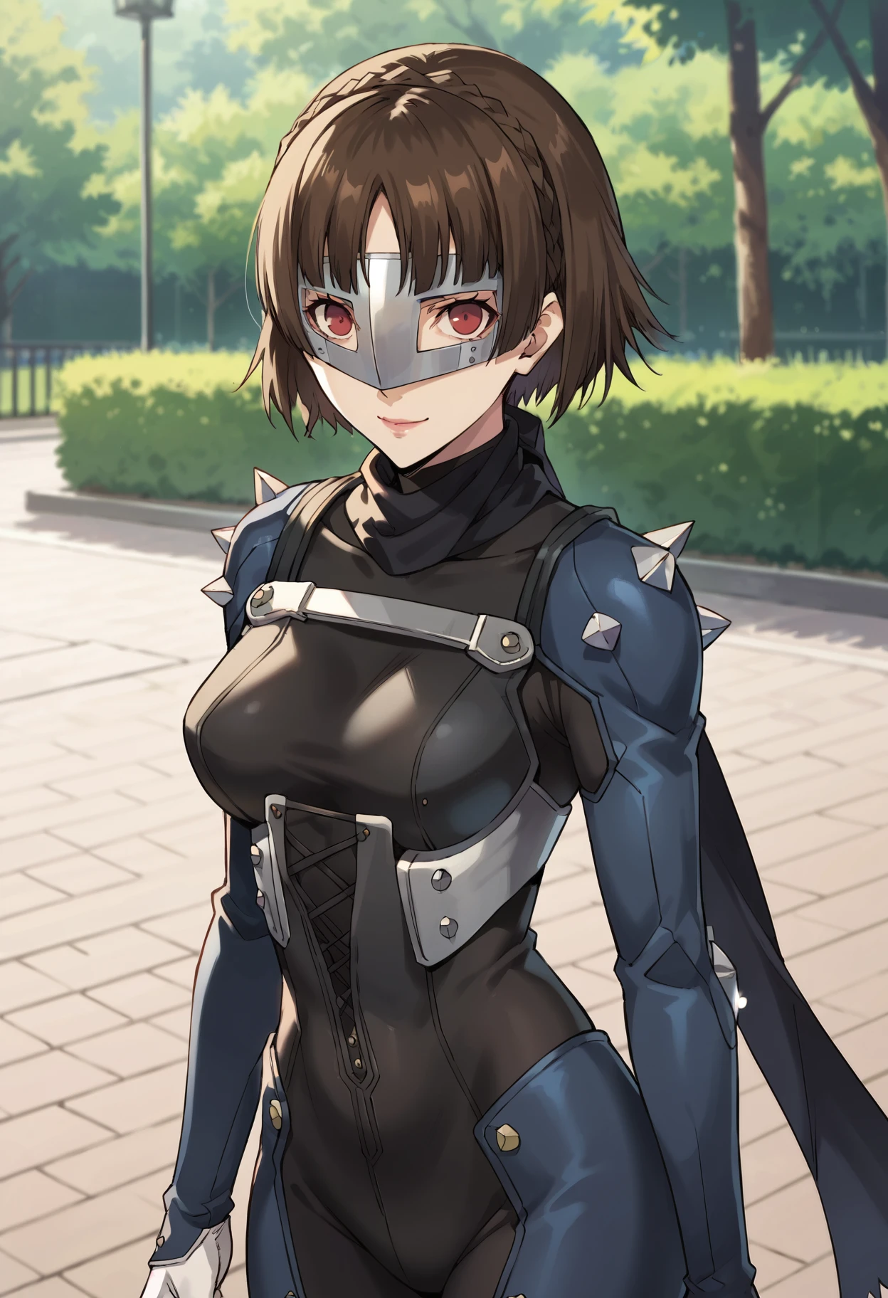 score_9, score_8_up, score_7_up, (source_anime), 1 girl, solo, nsfw, aged up,
p5makoto, p5makotoqueen, niijima makoto, short hair, bangs, brown hair, gloves, standing, braid, white gloves, scarf, bodysuit, mask, spikes, clenched hands, black bodysuit, crown braid, shoulder spikes
looking at you, smile, outside, park,
masterpiece, best quality,