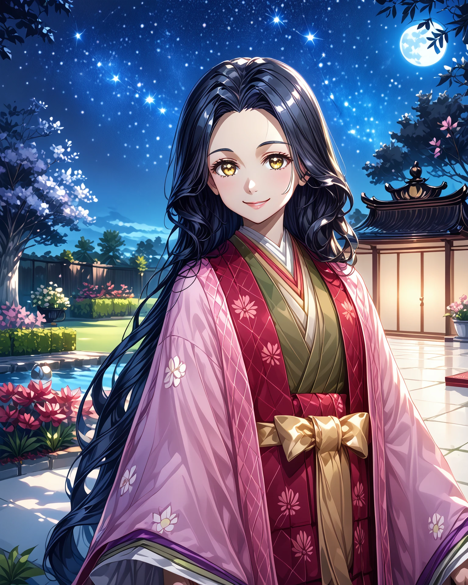 1girl, juunihitoe, wearing juunihitoe, black hair, long hair, smile, garden, nature, starry sky, night sky, milky way, gold eyes, digital art, masterpiece, absurdres, highest quality,  <lora:Juunihitoe_XL:1.2>,  <lora:Between pencils and semi-realism:1> stbedap