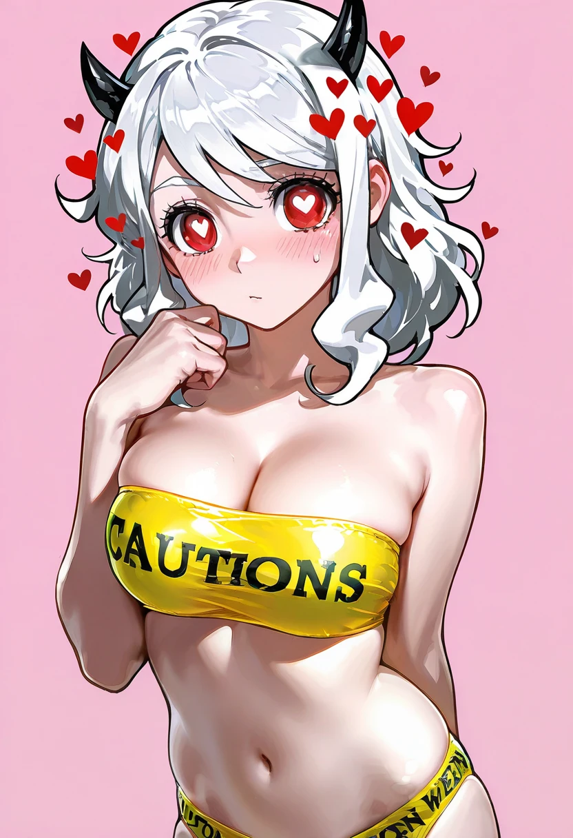 1girl,solo,modeus_(helltaker), heart, caution bikini,bandeau,tube top, ikeda ruriko